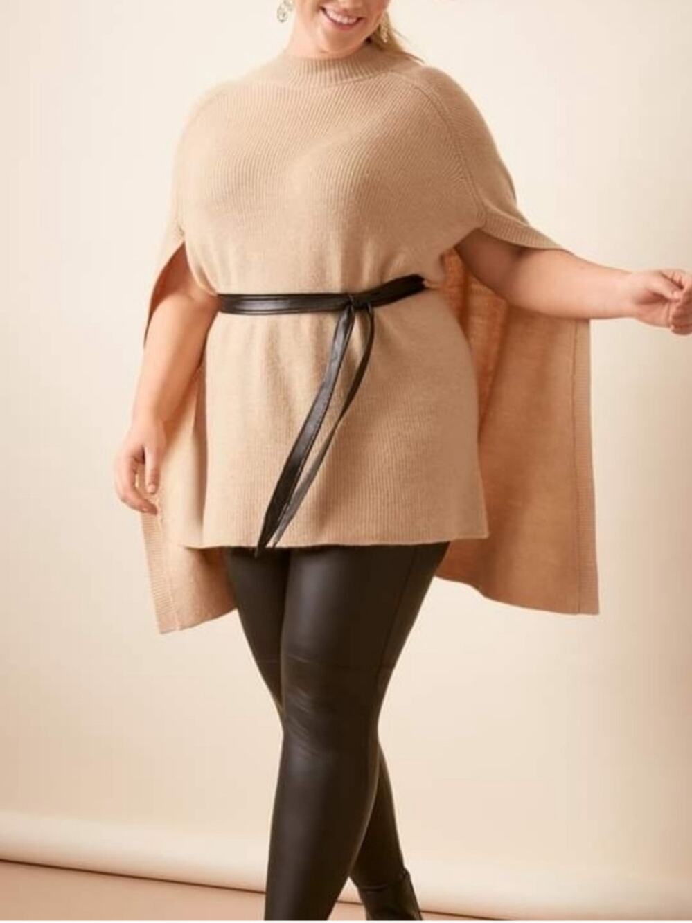NEW Lane Bryant Belted Mockneck Sweater with Attached Cape in Camel - Size 14-20